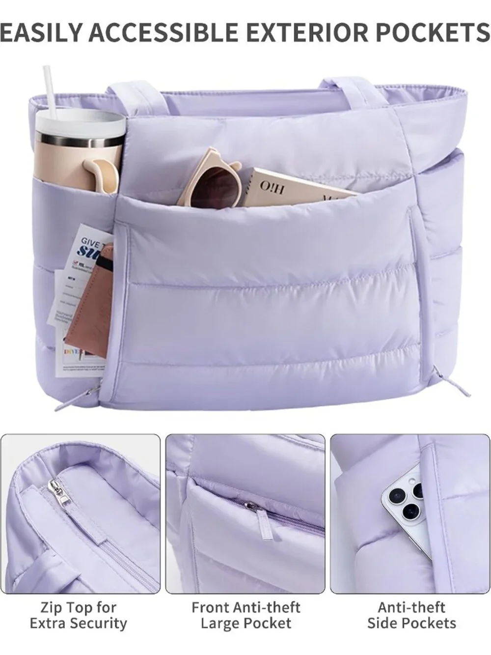 👜Women's Purple Puffer Tote Bag 16 Pockets Work Gym Travel Laptop Handbag